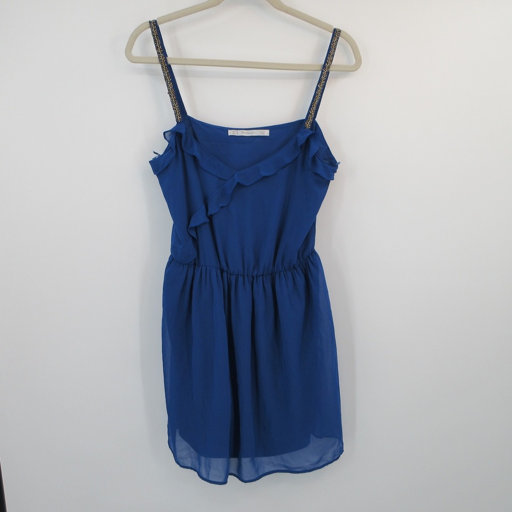 Zara Trafaluc Womens Royal Blue Ruffle Mini Dress Beaded Straps Size M‎ Solid